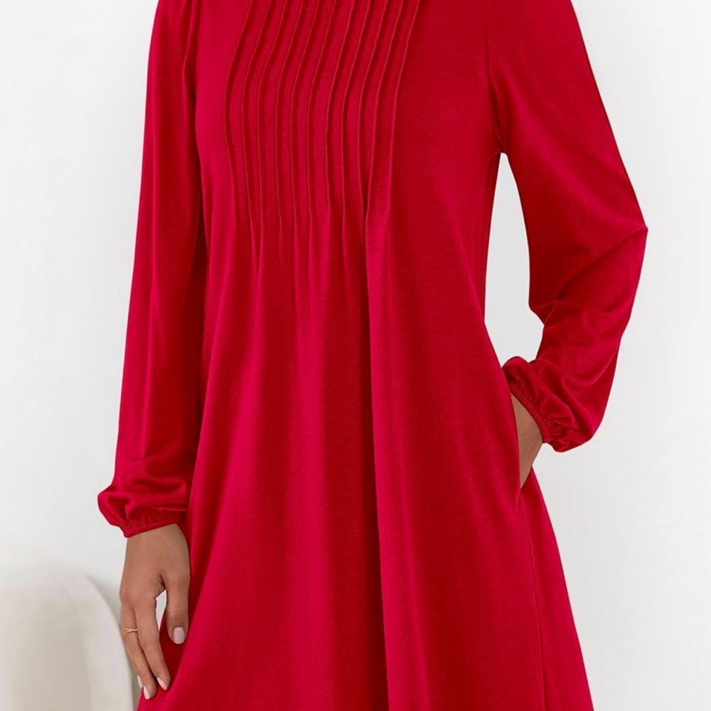 Red Long-Sleeve Pleated Women's Dress